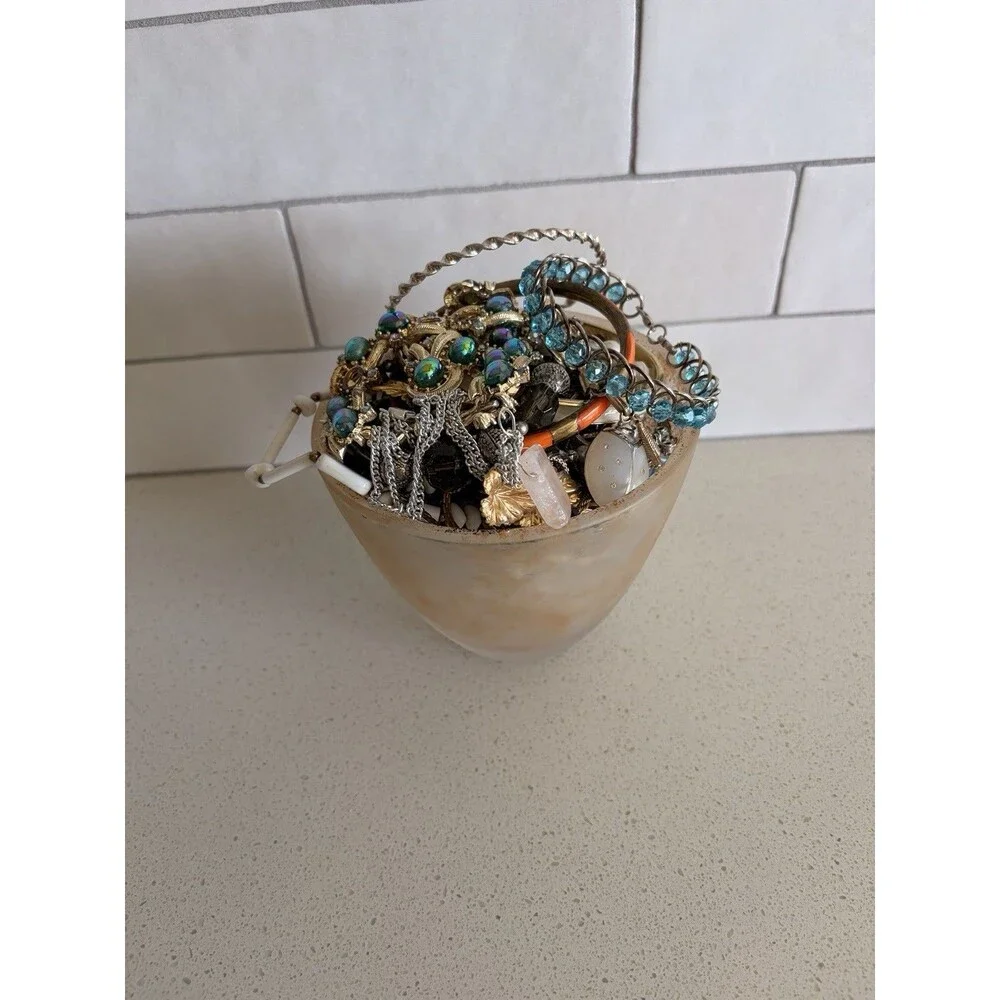 Vtg Mystery Jewelry Jar Mixed Metal Gold & Silver Tone Necklace Bracelet Ring
